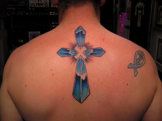 cross tattoos for women on back. Women Back Tattoo: Blue Cross